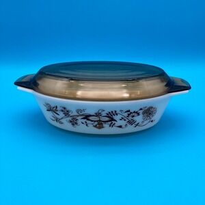 Vintage Pyrex England Brown Vine Oval Casserole Dish with Smoky Glass Lid